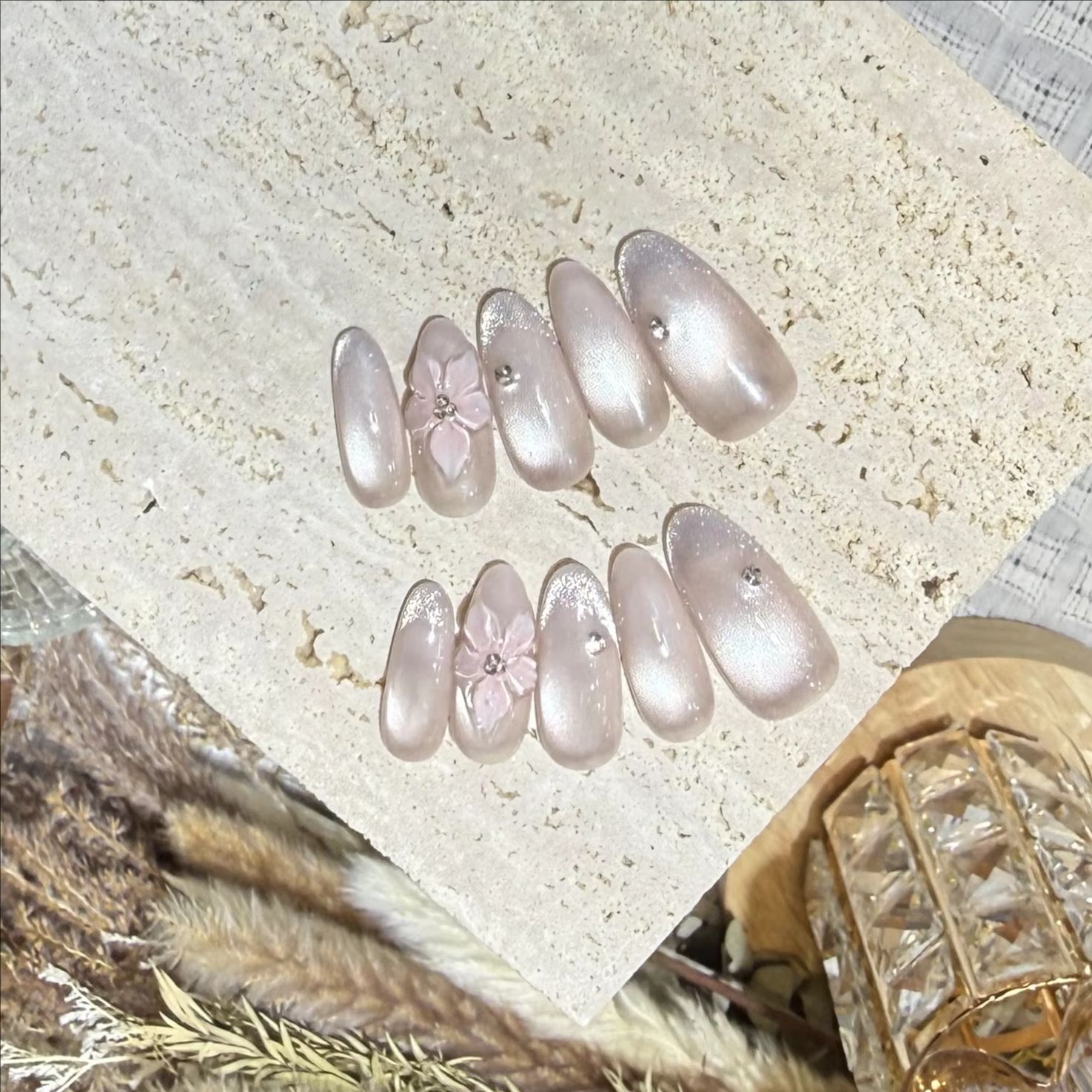 Nail Art Cat Eye Simple - 10 Uñas Postizas Francesas Color Rosa,